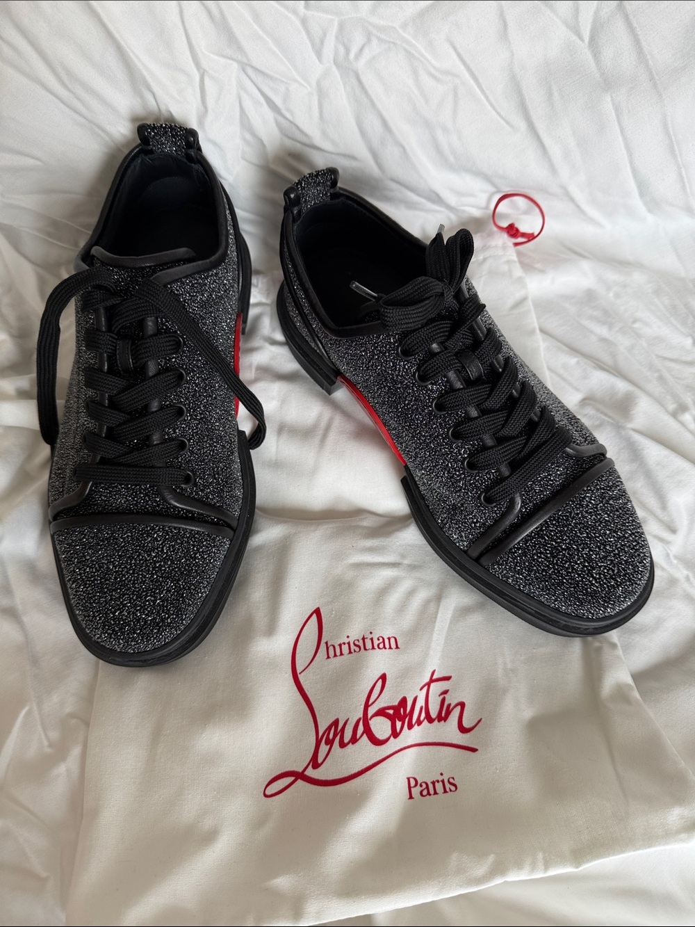 Christian Louboutin Black Glitter Low-Top Sneakers with Red Sole Accent
